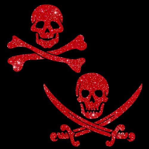 Glitzerdeals Bügelbilder Glitzer Pirat 2er Set Totenkopf rot Aufbügler für Textilien Karneval Kostüm Pirat Bügelflicken Piratenkostüm Fasching Patch zum Aufbügeln Pirat von Glitzerdeals