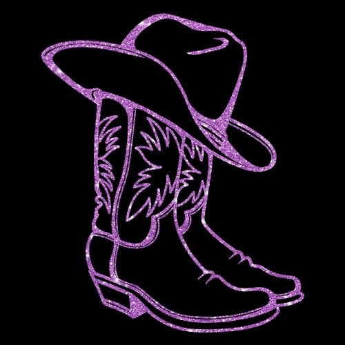 Glitzerdeals Bügelbilder Glitzer Cowboystiefel mit Hut Line Dance lila Aufbügler für Textilien Karneval Kostüm Line Dance Bügelflicken Cowboystiefel Fasching Patch zum Aufbügeln Line Dance von Glitzerdeals