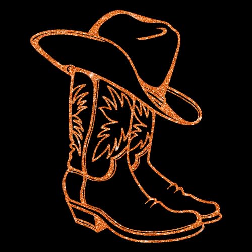 Glitzerdeals Bügelbilder Glitzer Cowboystiefel mit Hut Line Dance orange Aufbügler für Textilien Karneval Kostüm Line Dance Bügelflicken Cowboystiefel Fasching Patch zum Aufbügeln Line Dance von Glitzerdeals