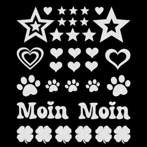 Glitzerdeals Bügelbilder Glitzer Herzen Sterne Moin Pfoten Kleeblatt weiß Aufbügler für Textilien Karneval Kostüm Herzen Bügelflicken Sterne Fasching Patch zum Aufbügeln Herzen von Glitzerdeals