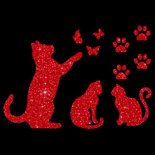 Glitzerdeals Bügelbilder Glitzer Katzen im Set Katze Schmetterlinge und Pfoten rot Aufbügler für Textilien Karneval Kostüm Katzen Bügelflicken Katze Fasching Patch zum Aufbügeln Katzen von Glitzerdeals