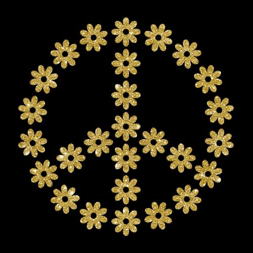 Glitzerdeals Bügelbilder Glitzer Peace Symbol Blumen Peacezeichen gold Aufbügler für Textilien Karneval Kostüm Peace Bügelflicken Peacezeichen Fasching Patch zum Aufbügeln Peace von Glitzerdeals