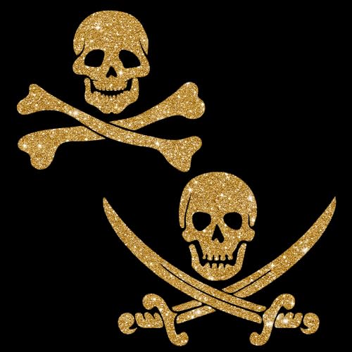 Glitzerdeals Bügelbilder Glitzer Pirat 2er Set Totenkopf gold Aufbügler für Textilien Karneval Kostüm Pirat Bügelflicken Piratenkostüm Fasching Patch zum Aufbügeln Pirat von Glitzerdeals