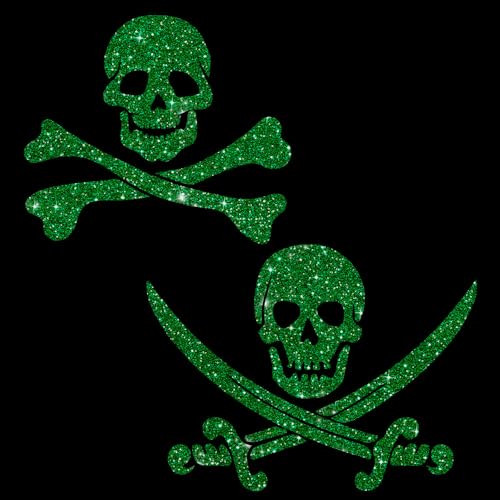 Glitzerdeals Bügelbilder Glitzer Pirat 2er Set Totenkopf grün Aufbügler für Textilien Karneval Kostüm Pirat Bügelflicken Piratenkostüm Fasching Patch zum Aufbügeln Pirat von Glitzerdeals