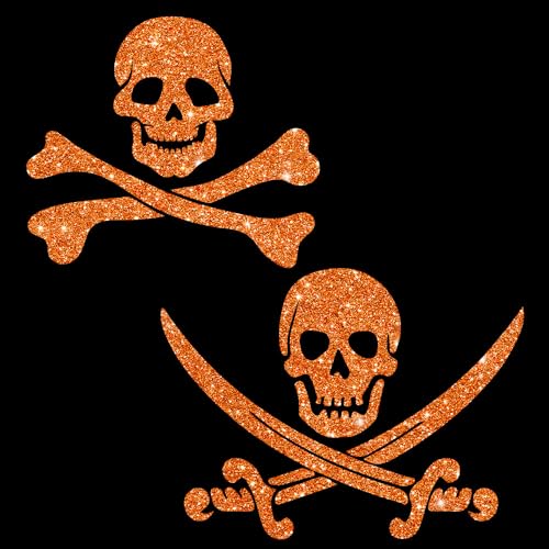 Glitzerdeals Bügelbilder Glitzer Pirat 2er Set Totenkopf orange Aufbügler für Textilien Karneval Kostüm Pirat Bügelflicken Piratenkostüm Fasching Patch zum Aufbügeln Pirat von Glitzerdeals