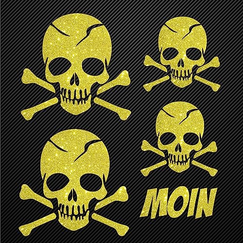 Glitzerdeals Bügelbilder Karneval Aufbügler Totenkopf Set Glitzer mit Moin Schriftzug Bügelbild Glitter Totenköpfe Bügelmotiv Schädel skull iron on design skull with bones gold von Glitzerdeals