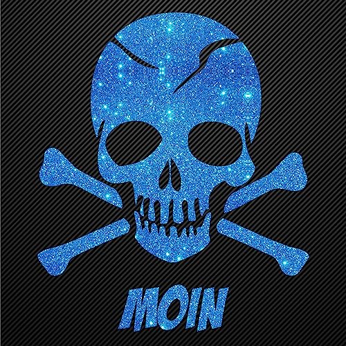 Glitzerdeals Bügelbilder Karneval Aufbügler Totenkopf mit Knochen und Moin Schriftzug Bügelbild Glitter Totenköpfe Bügelmotiv Schädel skull iron on design skull with bones blau klein von Glitzerdeals