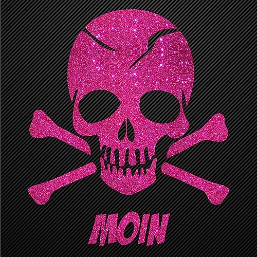 Glitzerdeals Bügelbilder Karneval Aufbügler Totenkopf mit Knochen und Moin Schriftzug Bügelbild Glitter Totenköpfe Bügelmotiv Schädel skull iron on design skull with bones pink klein von Glitzerdeals