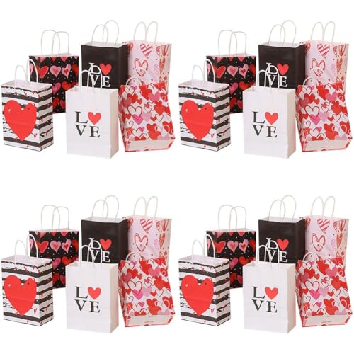 Glixoft 24 Stück Valentinstag-geschenktüten Griff, Herzmuster, Romantische Papiertüten, Geschenkverpackung, Zubehör Für Hochzeit, Verlobung von Glixoft