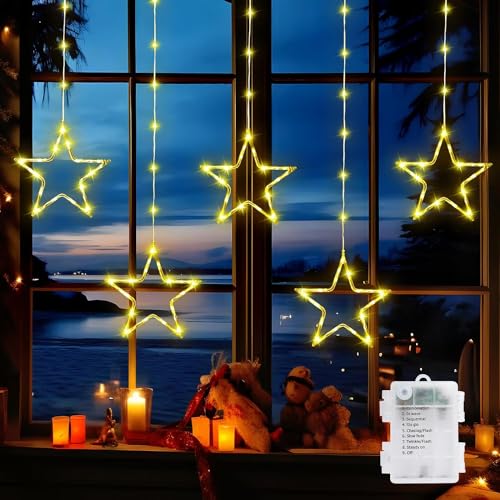 GlobaLink 5 Sterne Lichtervorhang Fenster,1.2M+1M Sternenvorhang Batterie, IP65 Outdoor Weihnachtsbeleuchtung mit Timer Funktion,8 Modi Weihnachtsdeko Sterne für Weihnachten, Fenster(Warmweiß) von GlobaLink