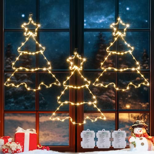 GlobaLink LED Tannenbaum Fensterdeko, 3 Stück 70 LED Weihnachtsleuchte batteriebetrieben Fensterbild mit Timer für Fenster Beleuchtung Hängen Weihnachtsdeko Innen Silhouette Deko von GlobaLink