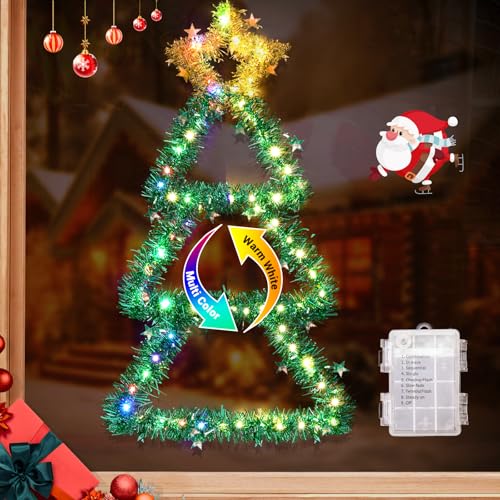 GlobaLink LED Weihnachtsbaum Beleuchtet, Bunte Lichter Weihnachtsdeko Fenster Batterie, 66CM 110 LED Faltbarer Lichterdeko Weihnachtsbeleuchtung für Schlafzimmer Balkon Garten Innen Außen von GlobaLink