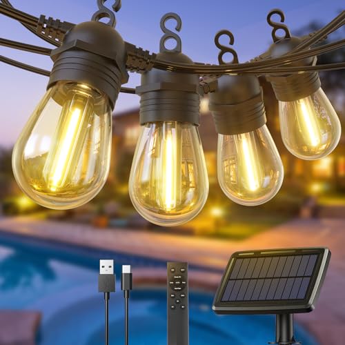 GlobaLink Lichterkette Außen Solar, 10+1 LED 12,5M Lichterkette Glühbirnen mit USB-/Solar-Lademethode, 4 Modi mit Fernbedienung Dimmbar für Gärten,Balkon,Party,Terrasse Deko Outdoor von GlobaLink