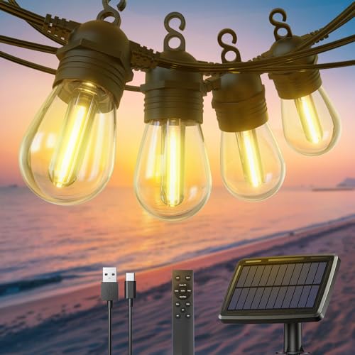 GlobaLink Lichterkette Außen Solar, 30+2 LED 32M Lichterkette Glühbirnen mit USB-/Solar-Lademethode, 4 Modi mit Fernbedienung Dimmbar IP65 Wasserdicht für Garten,Balkon,Party,Terrasse Deko Outdoor von GlobaLink