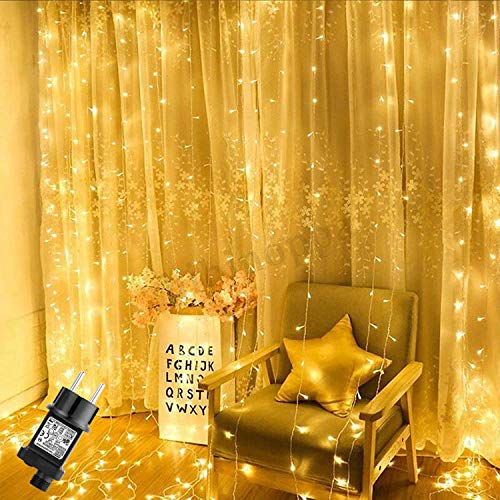 GlobaLink Lichterketten Vorhang erweiterbar, 2m x 3m 300 LED Weihnachtsbeleuchtung innen Lichtervorhang strombetrieben IP44 Wasserfest 8 Modi für Zimmer Hochzeit Fenster Weihnachten Deko-Warmweiß von GlobaLink