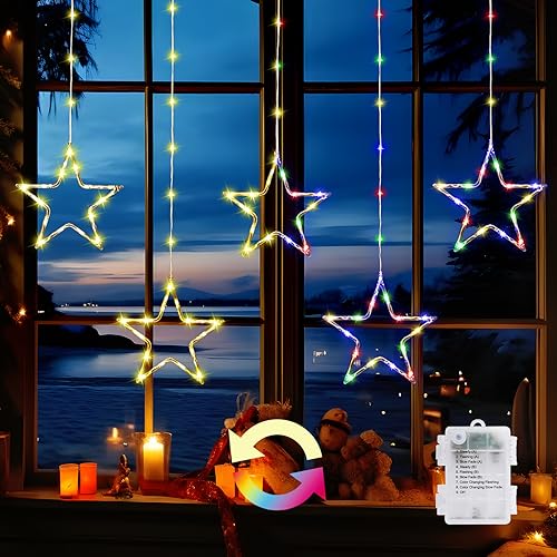 GlobaLink 5 Sterne Lichtervorhang Fenster,1.2M+1M Weihnachtsdeko Lichtervorhang Batterie,8 Modi Lichterkette Sternen,IP65 Outdoor Weihnachtsbeleuchtung für Weihnachten Außen(warmweiß und bunt) von GlobaLink