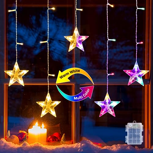 GlobaLink Sterne Vorhanglichter Fenster Weihnachtsbeleuchtung 8 Modi Lichterkette Batterie, IP44 Wasserdicht Lichtervorhang mit Timing Funktion für Fenster/Hochzeit/Weihnachten/Balkon(warmweiß&bunt) von GlobaLink