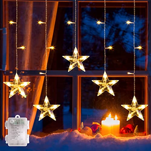 GlobaLink Sterne Vorhanglichter Fenster Weihnachtsbeleuchtung 8 Modi Lichterkette Batterie, IP44 Wasserdicht Lichtervorhang mit Timing Funktion für Fenster/Innen/Hochzeit/Weihnachten/Balkon, LED von GlobaLink