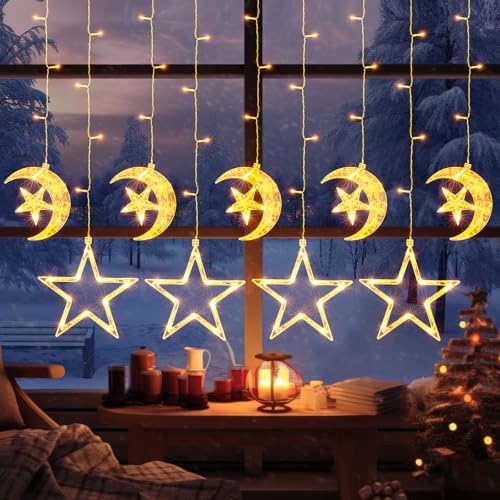 GlobaLink Sternenmond Lichtervorhang, Sternenvorhang 125LEDs Weihnachtsdeko Fenster 8 Modi mit Timer Batteriebetrieben für den Innen- und Außenbereich Ramadan Kinderzimmer Schlafzimmer Hochzeit von GlobaLink