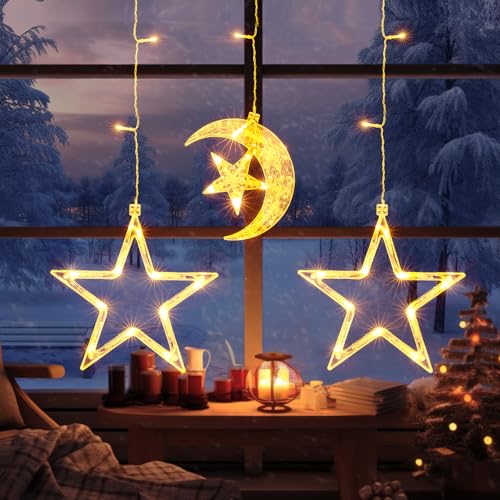 GlobaLink Sternenmond Lichtervorhang, Sternenvorhang 43LEDs Weihnachtsdeko Fenster 8 Modi mit Timer batteriebetrieben für Kinderzimmer Hochzeit von GlobaLink