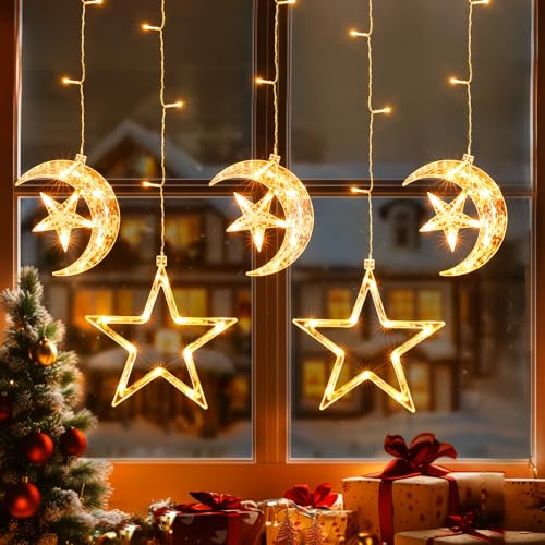 GlobaLink Sternenmond Lichtervorhang, Sternenvorhang 69LEDs Weihnachtsdeko Fenster 8 Modi mit Timer Batteriebetrieben für den Innen- und Außenbereich Ramadan Kinderzimmer Schlafzimmer Hochzeit von GlobaLink