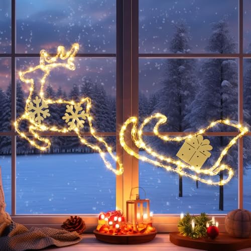 GlobaLink 1M Weihnachtsbeleuchtung Fenster mit Rentier, 95Led Rentier Beleuchtet Weihnachtsdeko, IP44 Weihnachtslichter Fensterdeko Batterie Lichterkette für Fenster Innen Weihnachten von GlobaLink