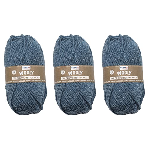 GLOREX 5 1002 50 - 3er Set Strickgarn Wooly aus 70 % Acryl & 30 % Wolle, je 50 g blau meliert, sehr weich, wärmend, angenehm zu tragen von GLOREX