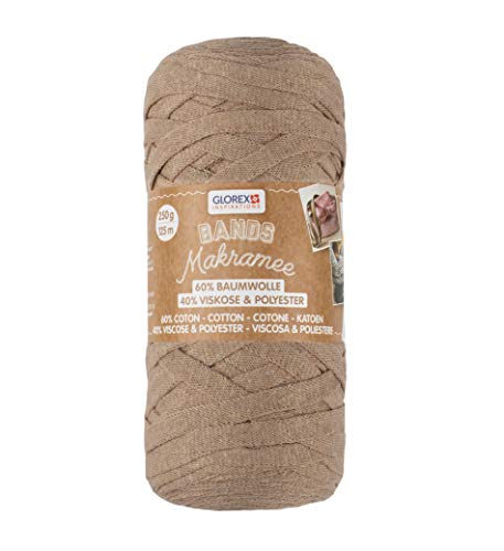 GLOREX 5 1005 08 - Bands Makramee, superweiches Textilgarn aus 60 % Baumwolle / 40 % Viskose, zum Häkeln, Stricken, Knüpfen und textilen Gestalten, 250 g, ca. 125 m, hellbraun von GLOREX