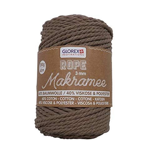 GLOREX 5 1007 03 - Makramee Rope 3 mm, superweiches Textilgarn aus 60 % Baumwolle / 40 % Viskose, zum Häkeln, Stricken, Knüpfen und textilen Gestalten, 250 g, ca. 63 m, gedreht hellbraun von GLOREX