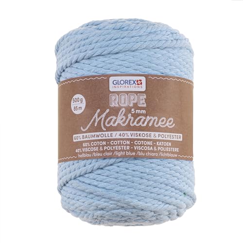 GLOREX 5 1007 23 - Makramee Rope 5 mm, 500 g, Hellblau, Länge 85 m, superweiches Textilgarn aus 60 % Baumwolle, 40 % Viskose, zum Häkeln, Stricken, Knüpfen und textilen Gestalten von GLOREX