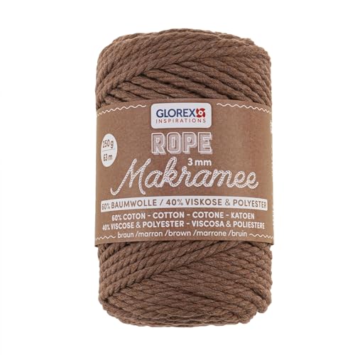 GLOREX 5 1007 31 - Makramee Rope 3 mm, 250 g, Braun, Länge 63 m, gedreht, superweiches Textilgarn aus 60 % Baumwolle, 40 % Viskose, zum Häkeln, Stricken, Knüpfen und textilen Gestalten von Glorex