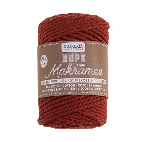 GLOREX 5 1007 32 - Makramee Rope 3 mm, 250 g, Terracotta, Länge 63 m, gedreht, superweiches Textilgarn aus 60 % Baumwolle, 40 % Viskose, zum Häkeln, Stricken, Knüpfen und textilen Gestalten von GLOREX