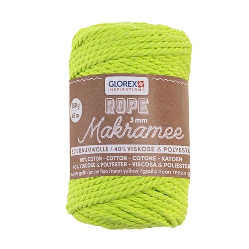 GLOREX 5 1007 34 - Makramee Rope 3 mm, 250 g, Neon Gelb, Länge 63 m, gedreht, superweiches Textilgarn aus 60 % Baumwolle, 40 % Viskose, zum Häkeln, Stricken, Knüpfen und textilen Gestalten von Glorex