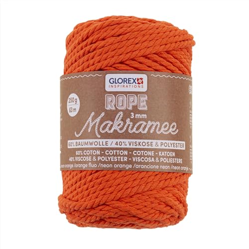 GLOREX 5 1007 35 - Makramee Rope 3 mm, 250 g, Neon Orange, Länge 63 m, gedreht, superweiches Textilgarn aus 60 % Baumwolle, 40 % Viskose, zum Häkeln, Stricken, Knüpfen und textilen Gestalten von GLOREX