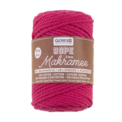 GLOREX 5 1007 36 - Makramee Rope 3 mm, 250 g, Neon Pink, Länge 63 m, gedreht, superweiches Textilgarn aus 60 % Baumwolle, 40 % Viskose, zum Häkeln, Stricken, Knüpfen und textilen Gestalten von GLOREX