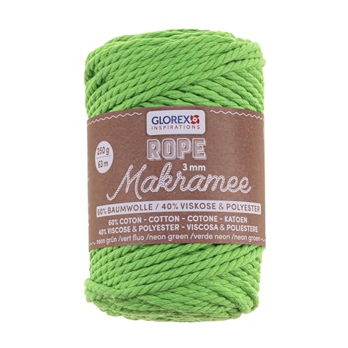 GLOREX 5 1007 37 - Makramee Rope 3 mm, 250 g, Neon Grün, Länge 63 m, gedreht, superweiches Textilgarn aus 60 % Baumwolle, 40 % Viskose, zum Häkeln, Stricken, Knüpfen und textilen Gestalten von GLOREX