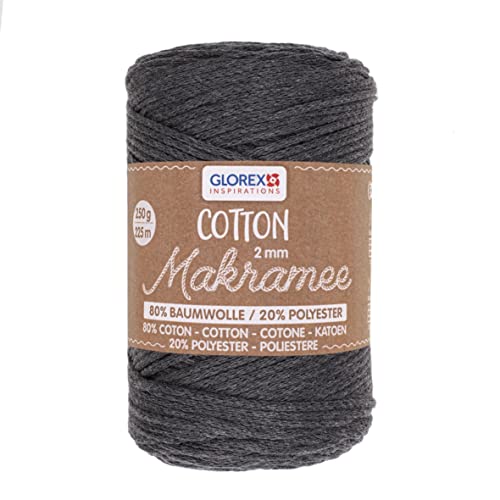 GLOREX 5 1008 04 - Makramee Cotton, 250 g, 2 mm, Länge 225 m, anthrazit, dreifachgedrehtes Baumwollgarn, 100 % Baumwolle, zum Häkeln, Stricken, Knüpfen und Gestalten von GLOREX