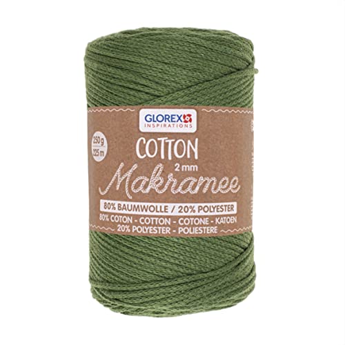 GLOREX 5 1008 05 - Makramee Cotton, 250 g, 2 mm, Länge 225 m, oliv, dreifachgedrehtes Baumwollgarn, 100 % Baumwolle, zum Häkeln, Stricken, Knüpfen und Gestalten von GLOREX