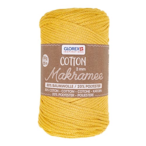 GLOREX 5 1008 07 - Makramee Cotton, 250 g, 2 mm, Länge 225 m, senfgelb, dreifachgedrehtes Baumwollgarn, 100 % Baumwolle, zum Häkeln, Stricken, Knüpfen und Gestalten von GLOREX