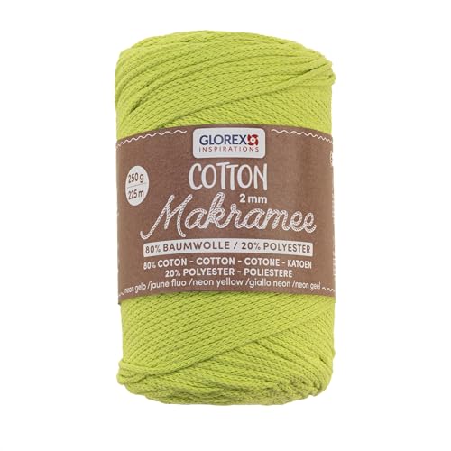 GLOREX 5 1008 34 - Makramee Cotton 2 mm, 250 g, Neon Gelb, Länge 225 m, dreifachgedrehtes Baumwollgarn, 100 % Baumwolle, zum Häkeln, Stricken, Knüpfen und Gestalten von Glorex