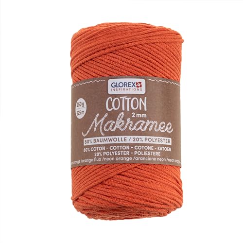 GLOREX 5 1008 35 - Makramee Cotton 2 mm, 250 g, Neon Orange, Länge 225 m, dreifachgedrehtes Baumwollgarn, 100 % Baumwolle, zum Häkeln, Stricken, Knüpfen und Gestalten von GLOREX