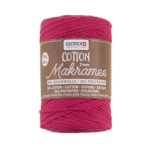 GLOREX 5 1008 36 - Makramee Cotton 2 mm, 250 g, Neon Pink, Länge 225 m, dreifachgedrehtes Baumwollgarn, 100 % Baumwolle, zum Häkeln, Stricken, Knüpfen und Gestalten von GLOREX