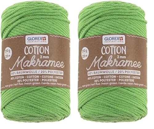 GLOREX 5 1008 37 - Makramee Cotton 2 mm, 250 g, Neon Grün, Länge 225 m, dreifachgedrehtes Baumwollgarn, 100% Baumwolle, zum Häkeln, Stricken, Knüpfen und Gestalten (Packung mit 2) von Glorex