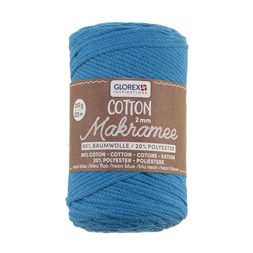 GLOREX 5 1008 38 - Makramee Cotton 2 mm, 250 g, Neon Blau, Länge 225 m, dreifachgedrehtes Baumwollgarn, 100 % Baumwolle, zum Häkeln, Stricken, Knüpfen und Gestalten von GLOREX