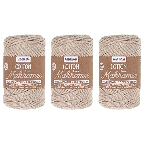 GLOREX 5 1008 50 - 3er Set Makramee Cotton aus 80 % Baumwolle & 20 % Polyester, je 250 g in Taube , 2 mm dreifach gedrehtes Baumwollgarn von GLOREX