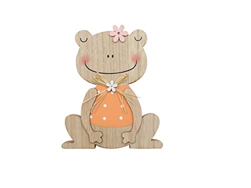 GLOREX 6 1860 402 - Holzfrosch, Figur zum Hinstellen mit orangefarbigem Shirt, ca. 13 x 15,5 x 2 cm, dekoriert mit zwei Blümchen von GLOREX