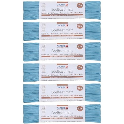 GLOREX 6 9400 507K - Raffia Edelbast, 6 Bündel je 20 m matter Bast, Hellblau - zum Basteln, zur Dekoration oder für Gestecke, Sträuße und andere floristische Arbeiten von Glorex