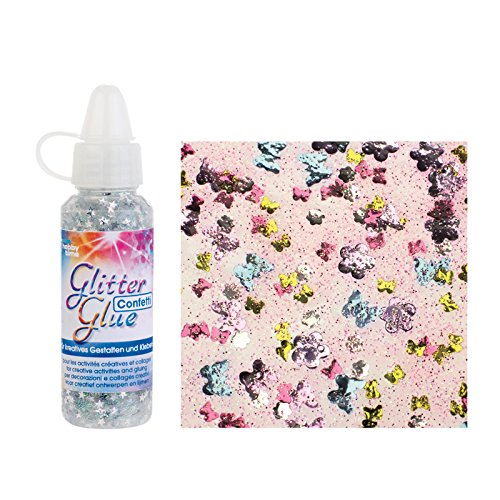 GLOREX Glitterglue Flasche 53ml Confetti, Glitter, Butterfly Mehrfarbig, 2,5 x 2,5 x 10,8 cm von Glorex