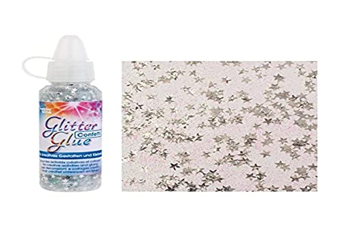 GLOREX Glitterglue Flasche 53ml Confetti, Glitter, Sterne Silber, 2,5 x 2,5 x 10,8 cm von Glorex