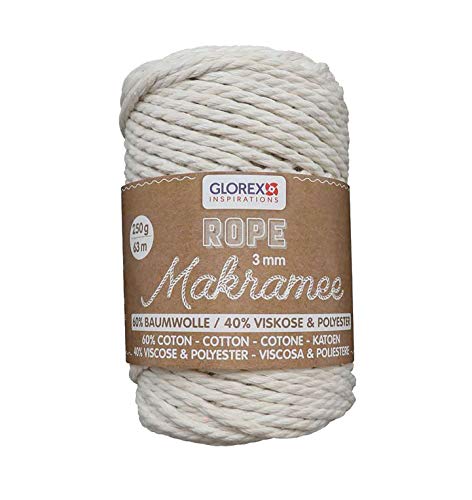 GLOREX 5 1007 01 - Makramee Rope 3 mm, superweiches Textilgarn aus 60 % Baumwolle / 40 % Viskose, zum Häkeln, Stricken, Knüpfen und textilen Gestalten, 250 g, ca. 63 m, gedreht creme von GLOREX